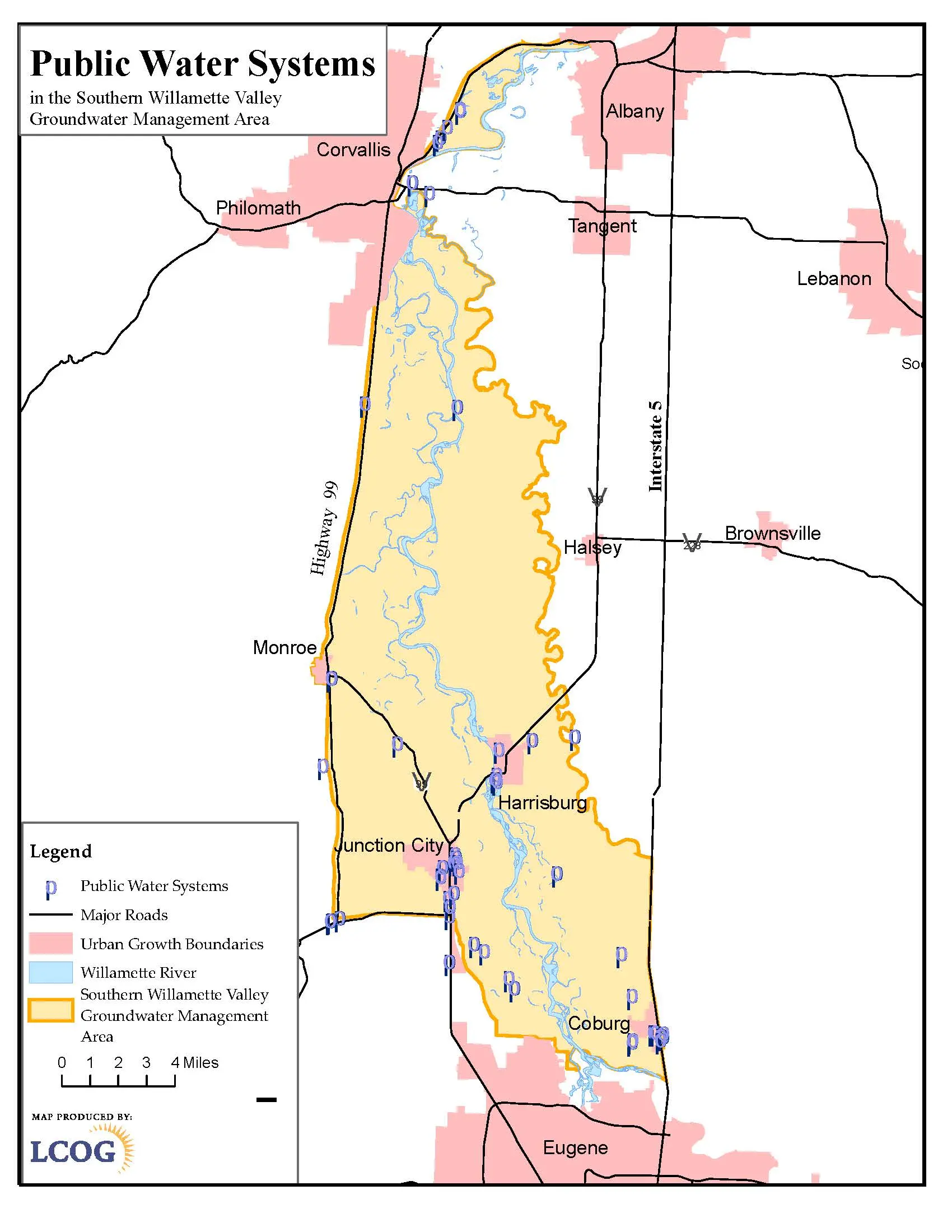 Map of public water systems in the Southern Willamette Valley Groundwater Management Area