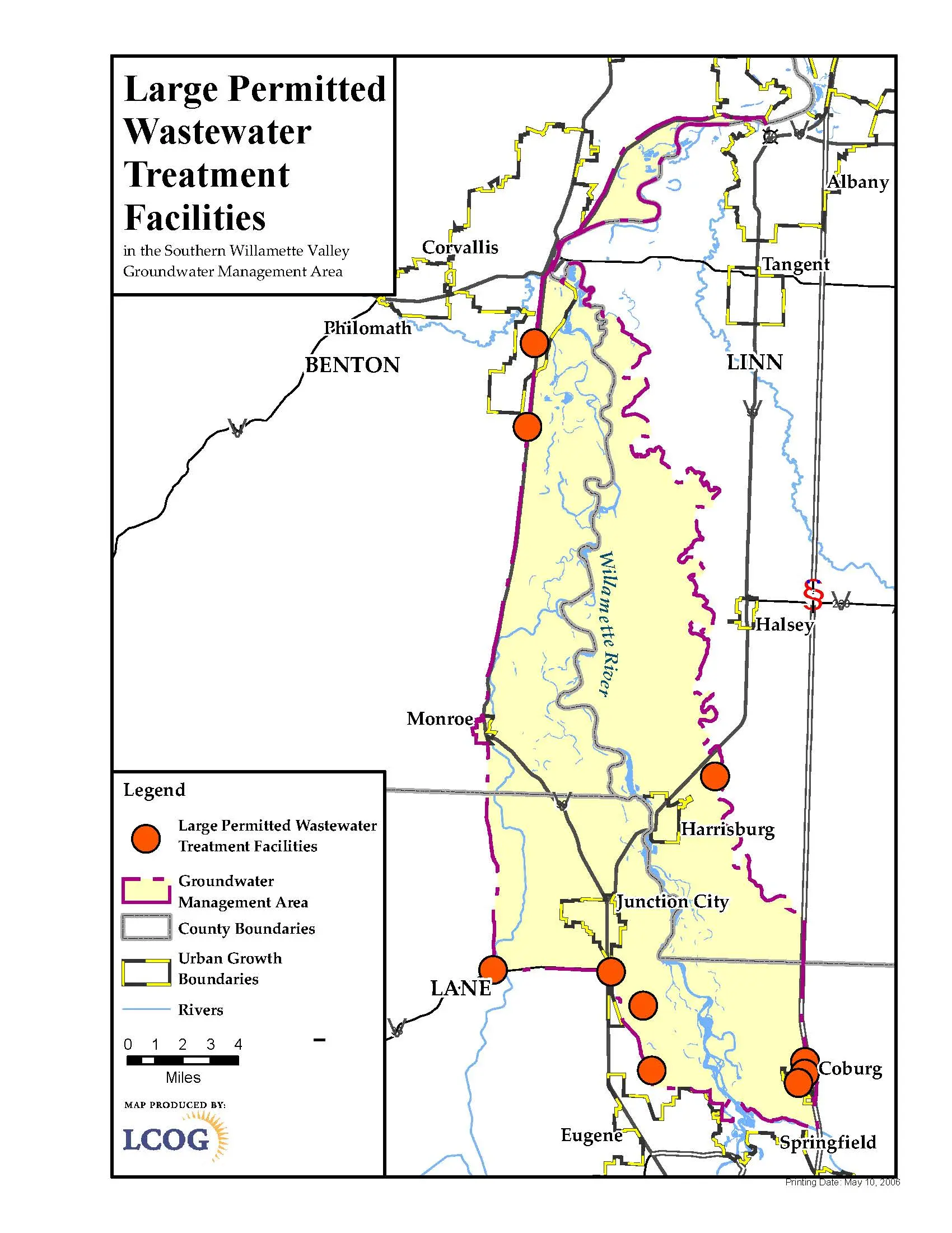 Map of wastewater treatment facilities in the Southern Willamette Valley Groundwater Management Area